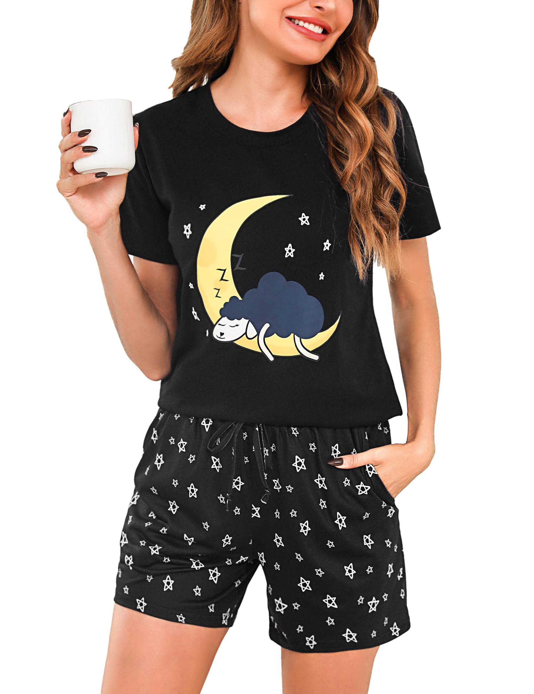 Aseniza Schlafanzug Damen Kurz Pyjama Baumwolle Shorty Set Kurzarm Nachtwäsche Frauen Loungewear Zweiteiliger Schlafanzüge Sleepwear für Sommer