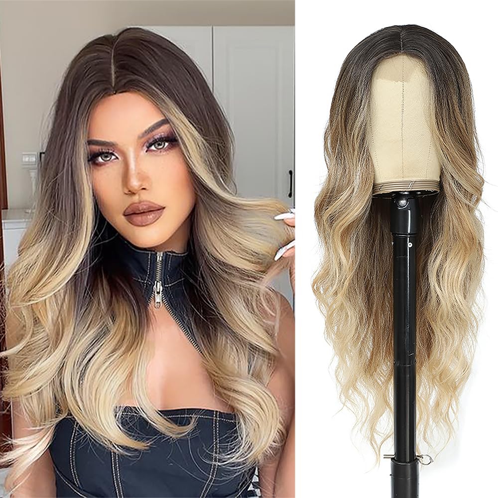 Parrucca bionda sfumata con attaccatura dei capelli da donna, lunghezza 66 cm, riccia, con riga centrale ondulata, in fibra sintetica resistente al calore, per feste