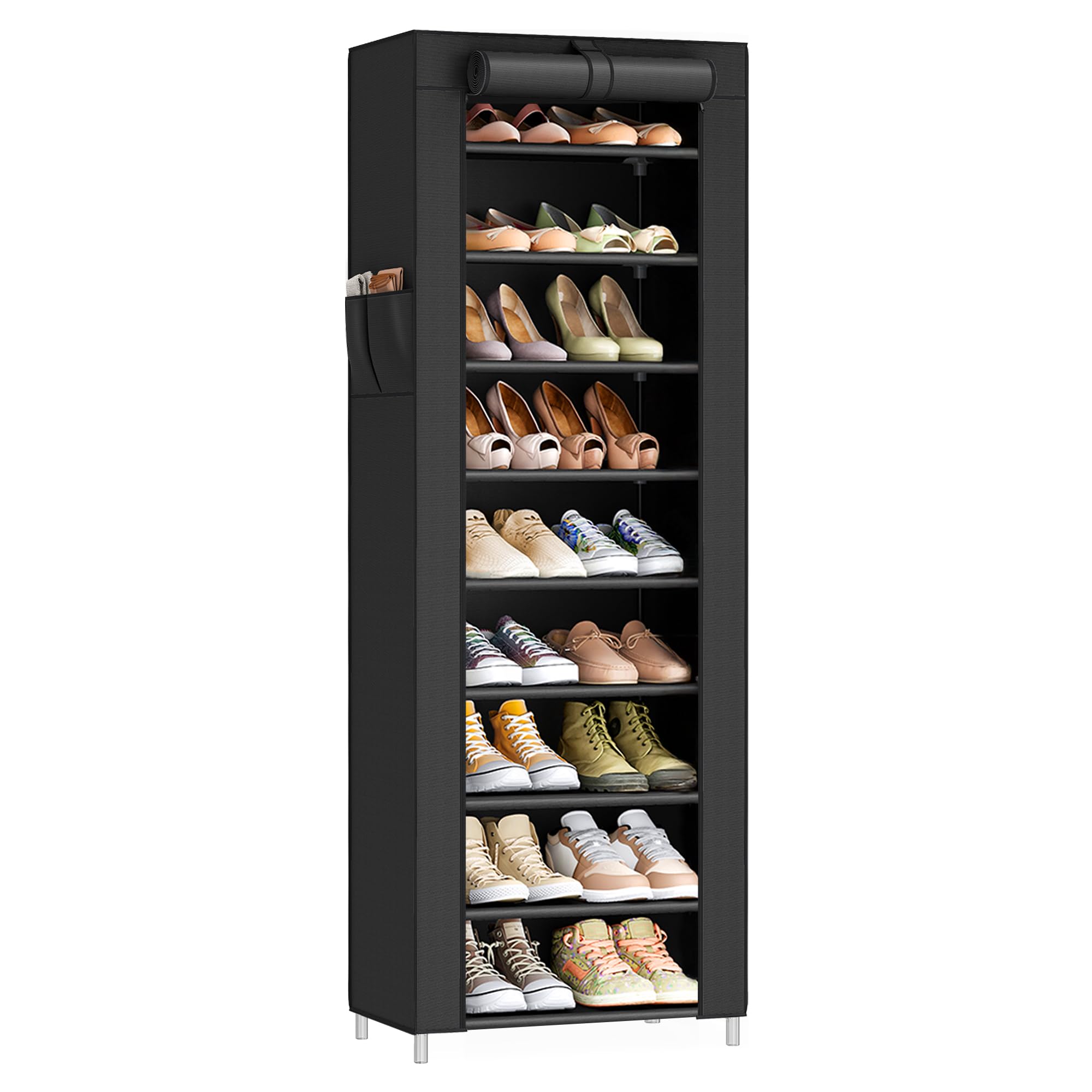 SONGMICS 10-Tier Shoes Rack with Dustproof Cover, 28 x 48 x 160 cm, Shoe Storage Cabinet, Shoe Organiser, Shoe Stand Holds 20 Pairs of Shoes, for Living Room, Hallway, Black RXJ034BH01 — image 1