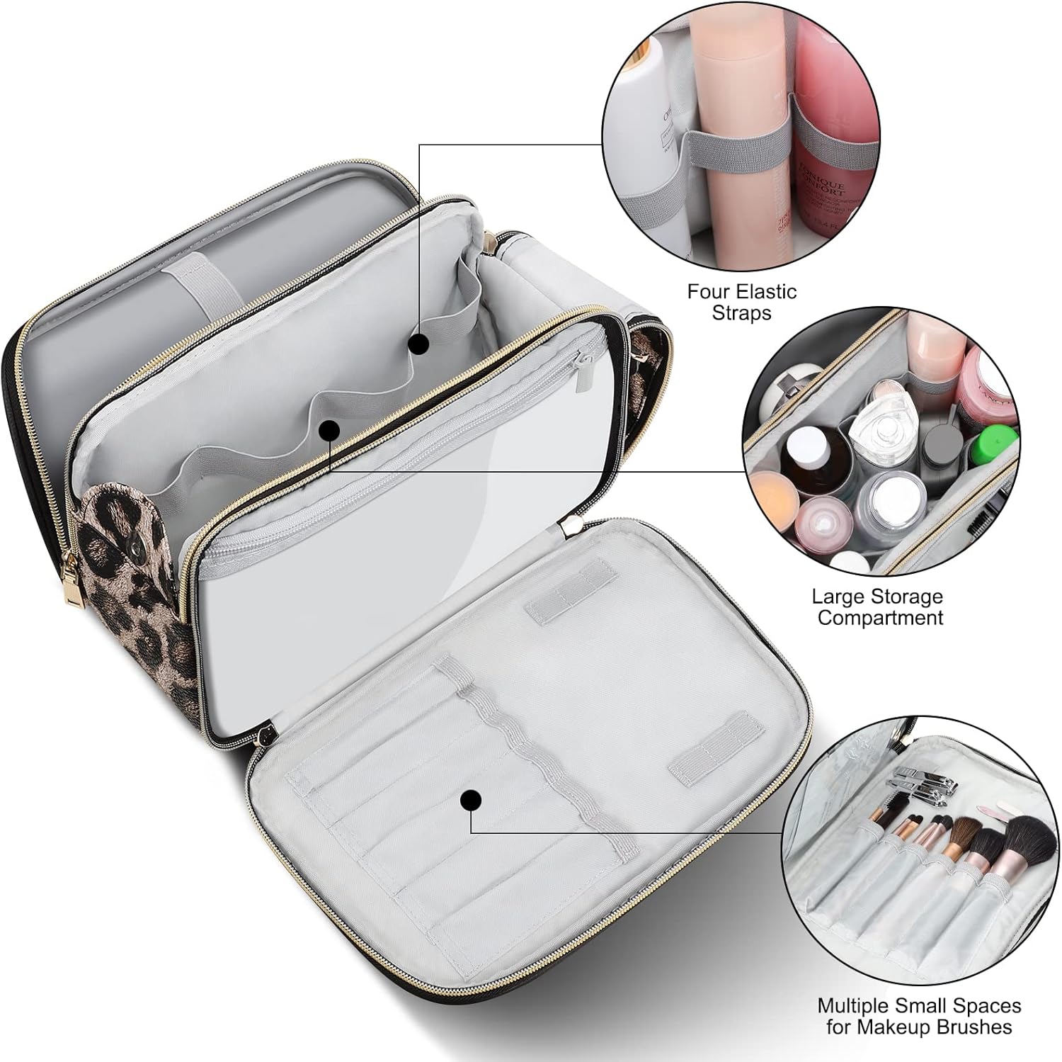 BOOMRICH Large Travel Makeup Bag, Cosmetic Bag, Toiletry Bag for Women, Water-Resistant Leather Toiletry Organizer, Dopp Kit for Toiletries Accessories, Leopard - Image 3