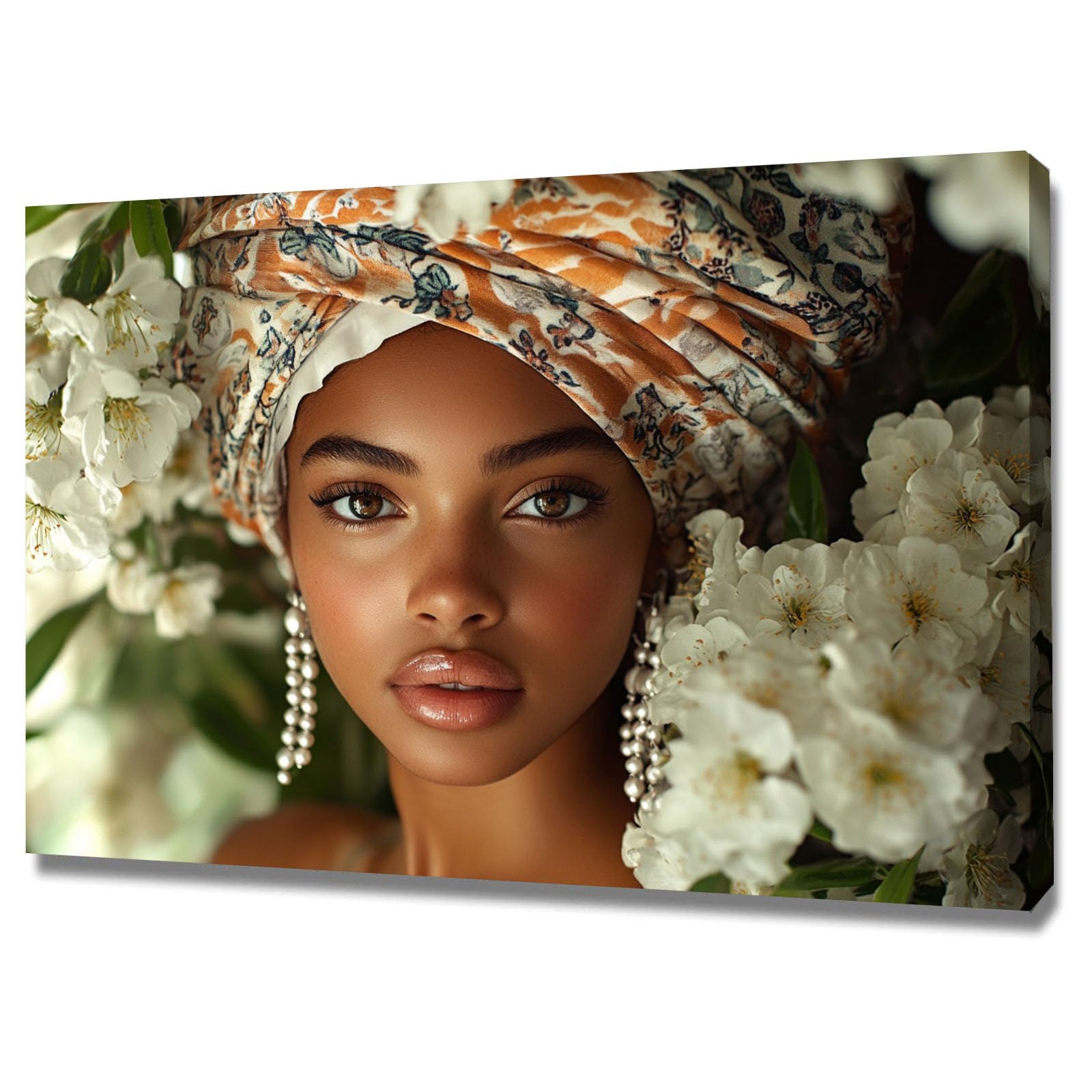 TERUEA Funny Bathroom Wall Decor Poster Woman With Floral Turban Surrounded By White Flowers Canvas Prints Wall Art Pictures Artwork for Bedroom Home Decor(Off-white)-70x100cm Framed