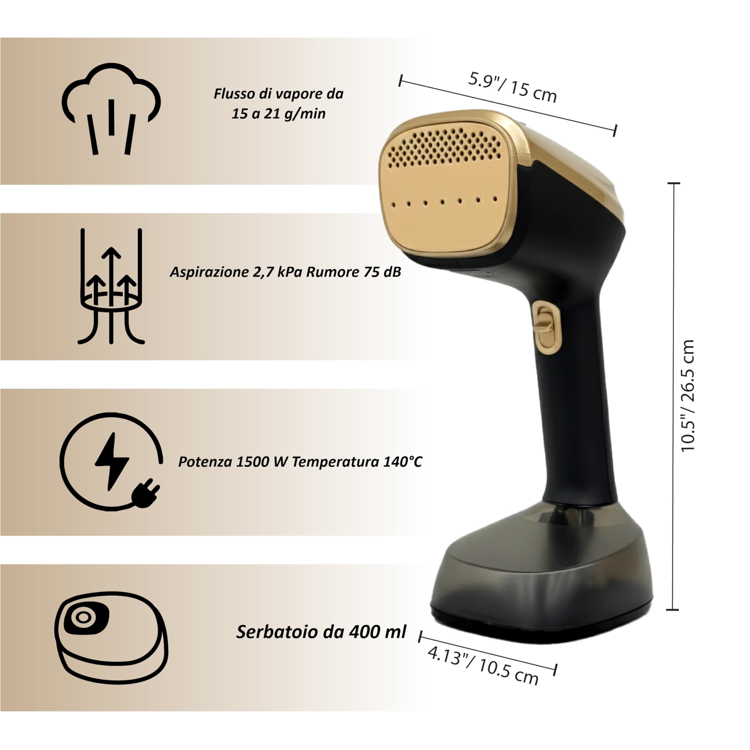 FAUG Stiratore a vapore verticale 1500W. Aumenta l’efficienza del 50% grazie alla nuova funzione di aspirazione. Flusso di vapore da 15 a 21 g/min e piastra in teflon per capi senza pieghe.