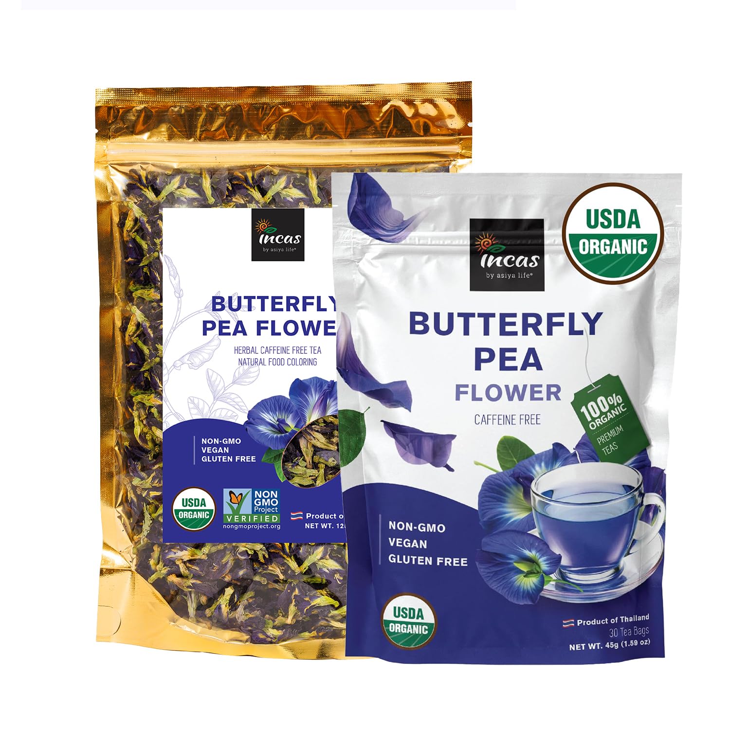 INCAS 100% USDA Organic Butterfly Pea Flower Tea Bundle Loose Leaf DIRECT FROM SOURCE 4.41 Ounce & 30 Tea Bags Sourced From Thailand, Caffeine Free