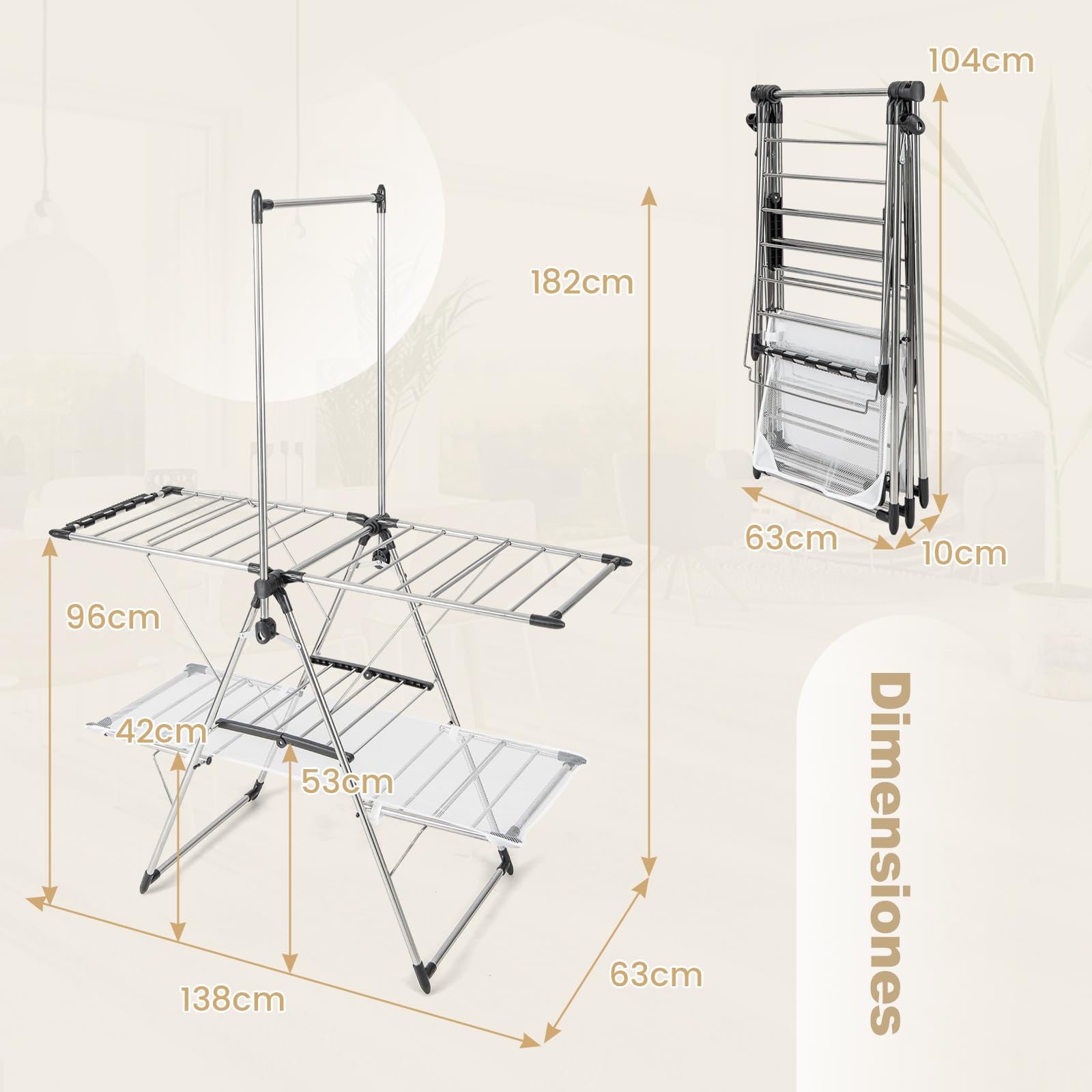 GOPLUS Tendedero Plegable, Soporte de Ropa Vertical con Barra de Colgar, Alas Ajustables 70-140 cm, Pinzas para Calcetines, Tela de Malla y Ganchos para Zapatos, Tendedor Extensible Interior Exterior