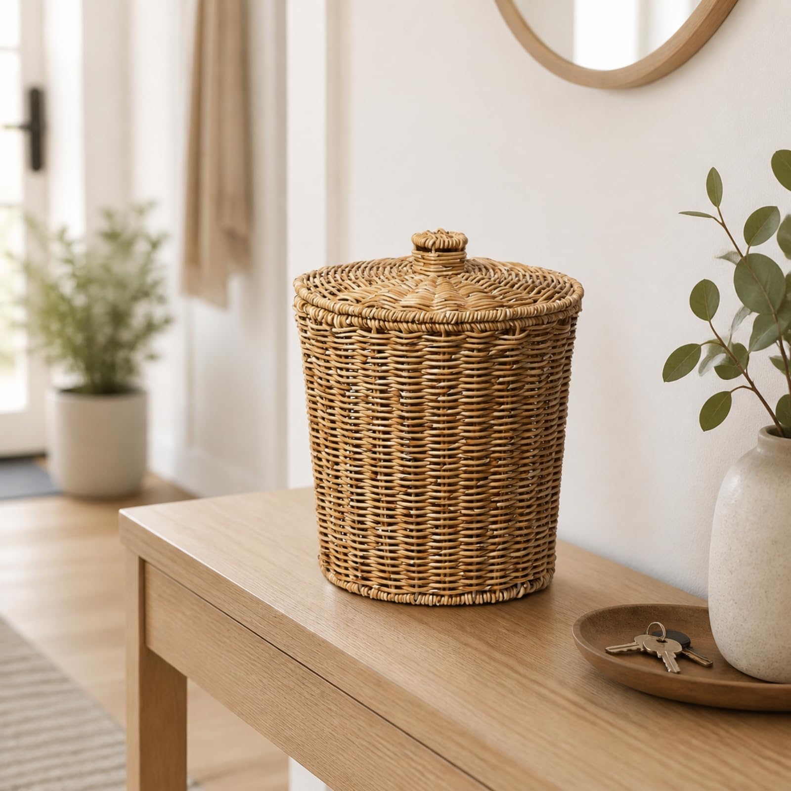 kowaku Cesta Cilínd Tejida con Tapa corativa Cesta Almacenamiento con Tapa Ajustada Resistente para Pasillo, 23.5cm