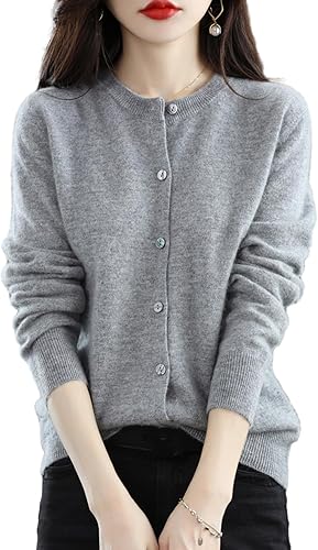 Rvnsu Suéteres tipo cárdigan de cachemira para mujer, 100% cachemira, manga larga, con botones frontales, suéteres elegantes