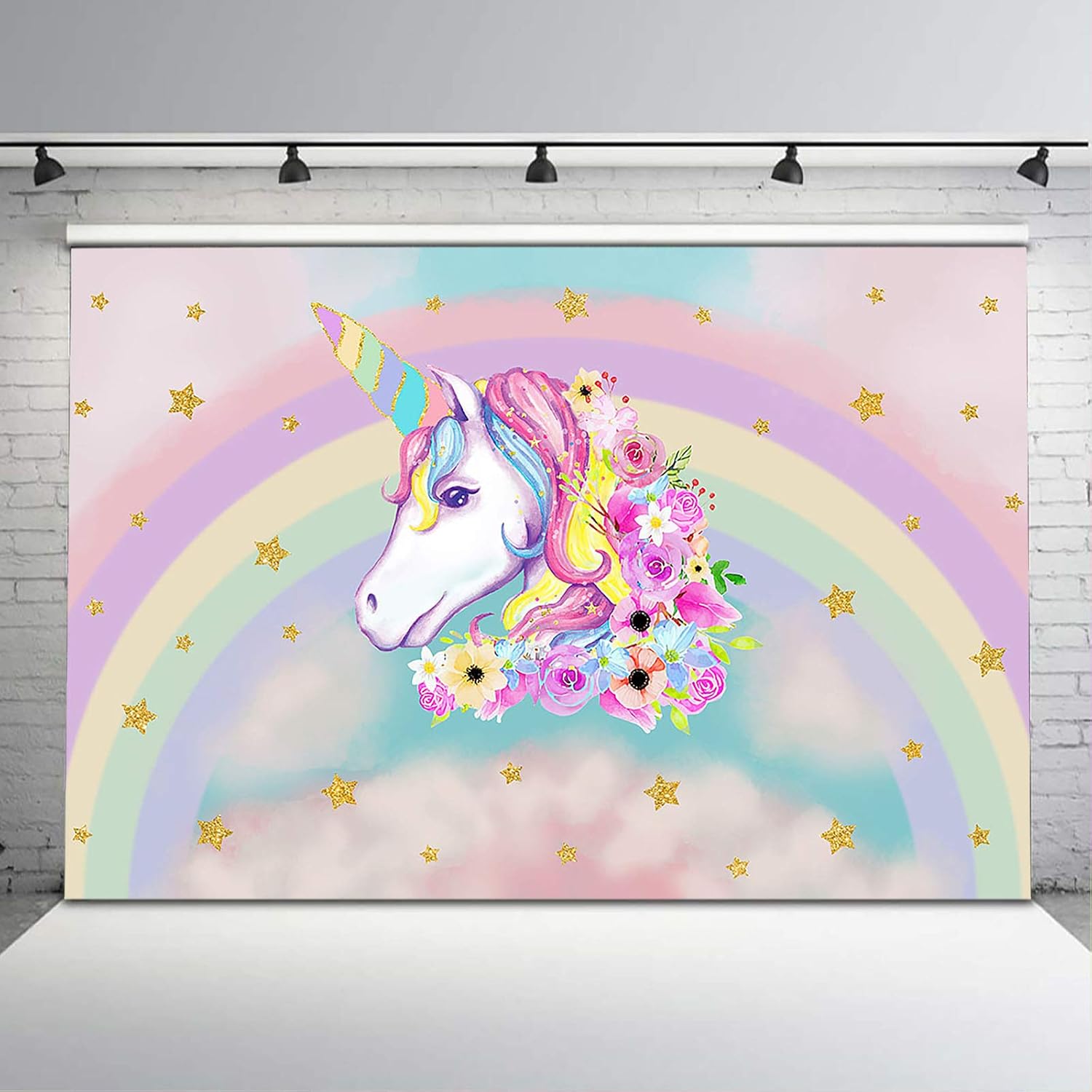 Avezano Pastel Unicorn Birthday Backdrop Glitter Gold Star Colorful Rainbow Unicorn Horse Photography Background Clouds Unicorn Birthday Baby Shower Backdrops for Girls Children (5x3)