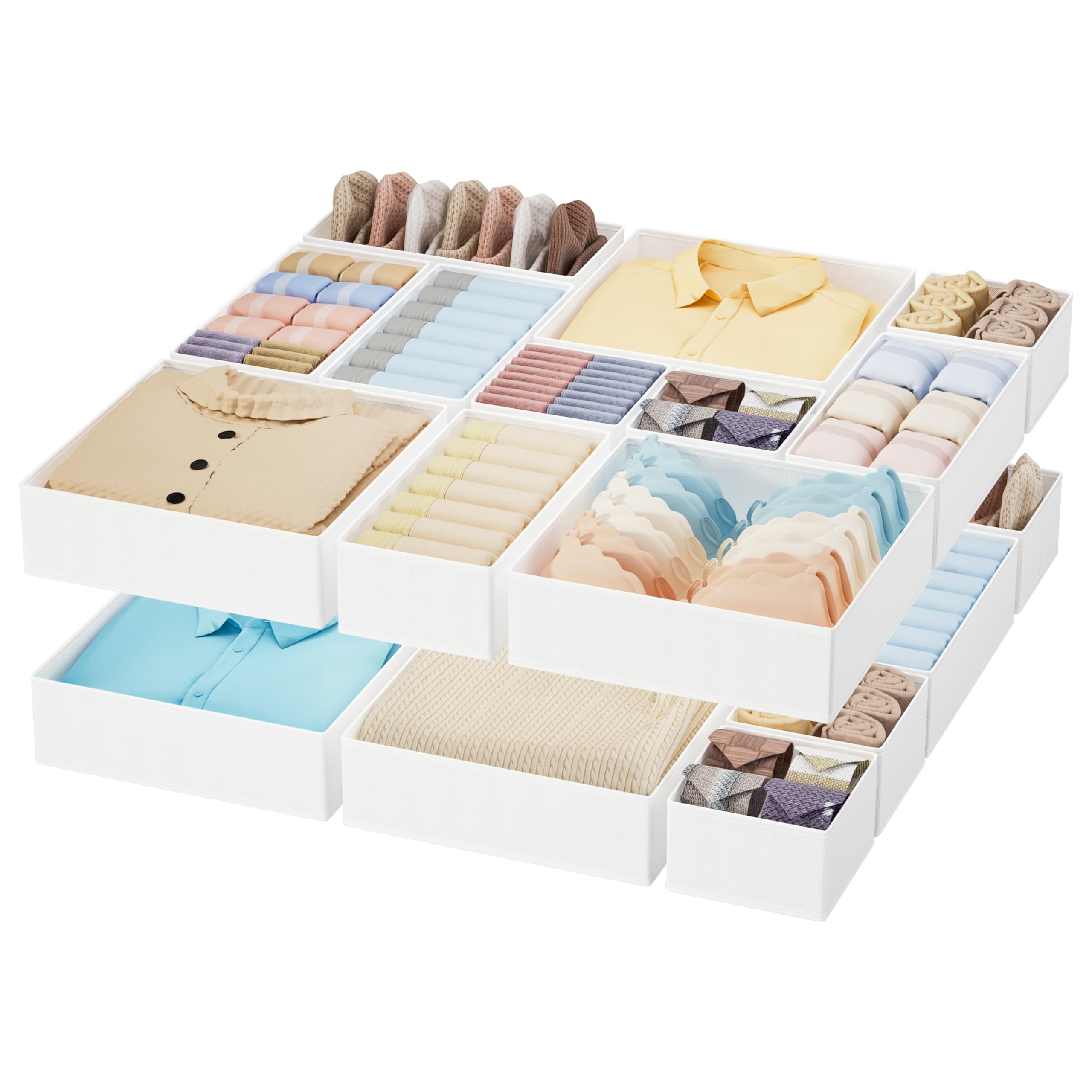 Homsorout Drawer Organisers Foldable Storage Boxes - 18 Pack Fabric Clothes Wardrobe Drawer Dividers White Cubes for Baby Clothing, Socks, Underwear, Ties, Bedroom