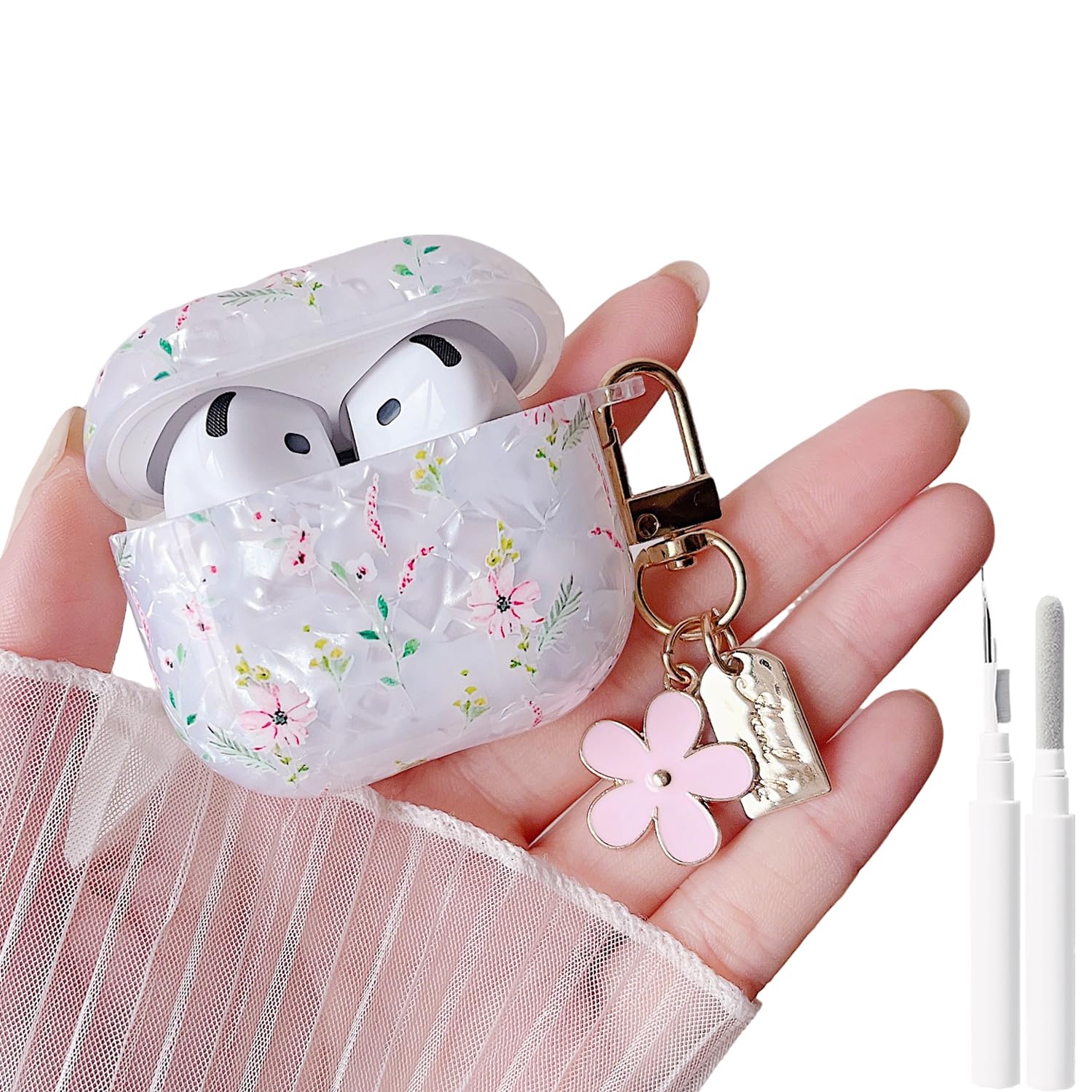 MINSCOSE for Cute Glitter AirPods 4 Case,Shell Pattern Cartoon Flower Aesthetics Design with Girly Floral Keychain,Soft TPU Protective Cover with Cleaner Kit for Girls Women for AirPods 4-Pink