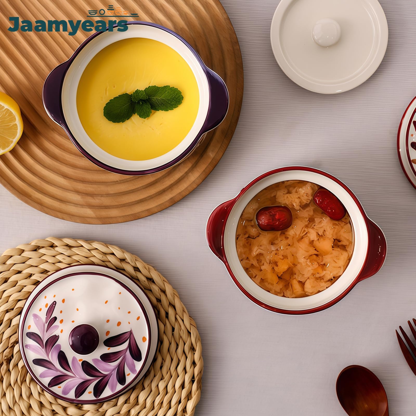 Miski do zupy 500 ml, ceramiczne kubki do zupy z uchwytami i pokrywką, jednolity kolor, naczynia nadają się do serwowania w piekarniku, idealne do zupy cebulowej i bulionu, nadają się do kuchenki