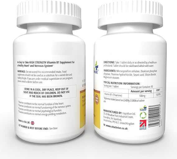 VitaThrive® Vitamin B1 100mg Tablets – High Strength Thiamine Supplement for Energy Metabolism, Nervous System Function & Daily Wellness Support – Vegan Tablets – 90 Tablets