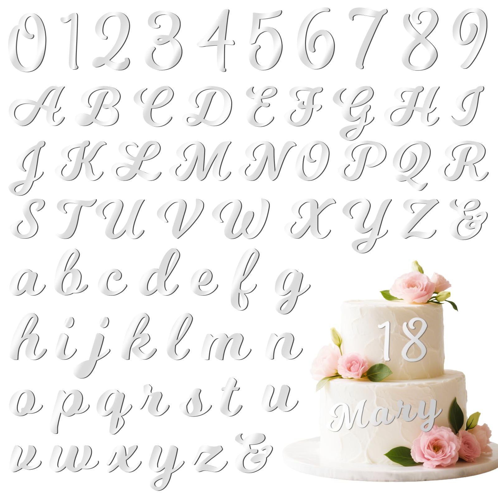 VASTRISE 126 PCS Custom Name Cake Topper Acrylic Letters DIY Personalized A-Z & 0-9 Number Alphabet Cake Decoration For Wedding Anniversary Baby Shower Party Birthday Supplies (Silver)