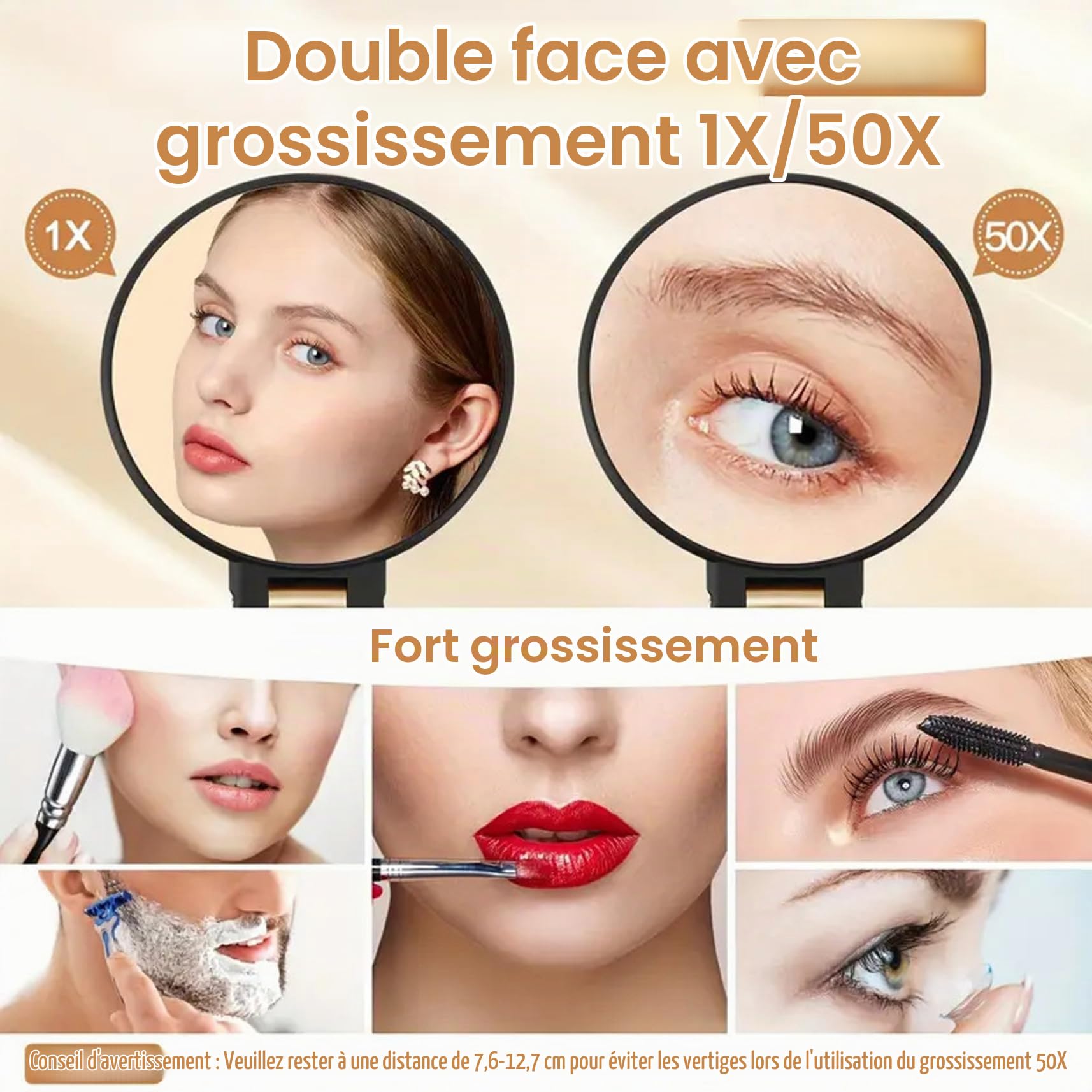 Miroir de Maquillage grossissant 50X, Miroir portatif/Mural Double Face avec poignée réglable à 360 ° pour Les Soins de la Peau et la beauté