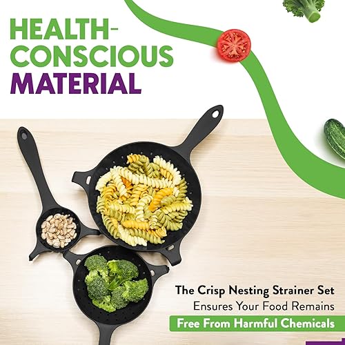 Miniatura 6 de Crisp Juego de 3 coladores anidables de plástico, utensilios de cocina duraderos, aptos para lavavajillas, fabricado en los Estados Unidos, color