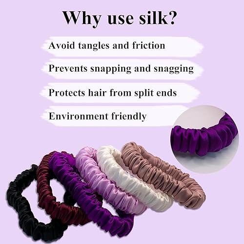 Miniatura 10 de Juego de 6 coleteros de seda de morera 100% pura con 6 colores elegantes para todos los días, coleteros ajustados de seda, cuidado del cabello, sin
