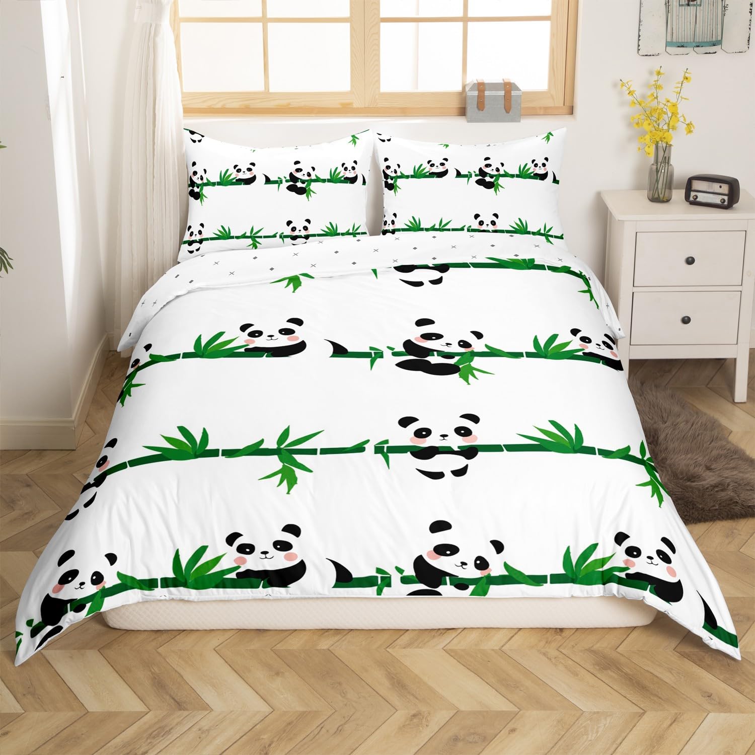 Loussiesd printed cute panda bedding for children and teenagers animal themed Duvet Covers single panda and bamboo pattern bedding set white black green girls' and boys' bedding — image 1