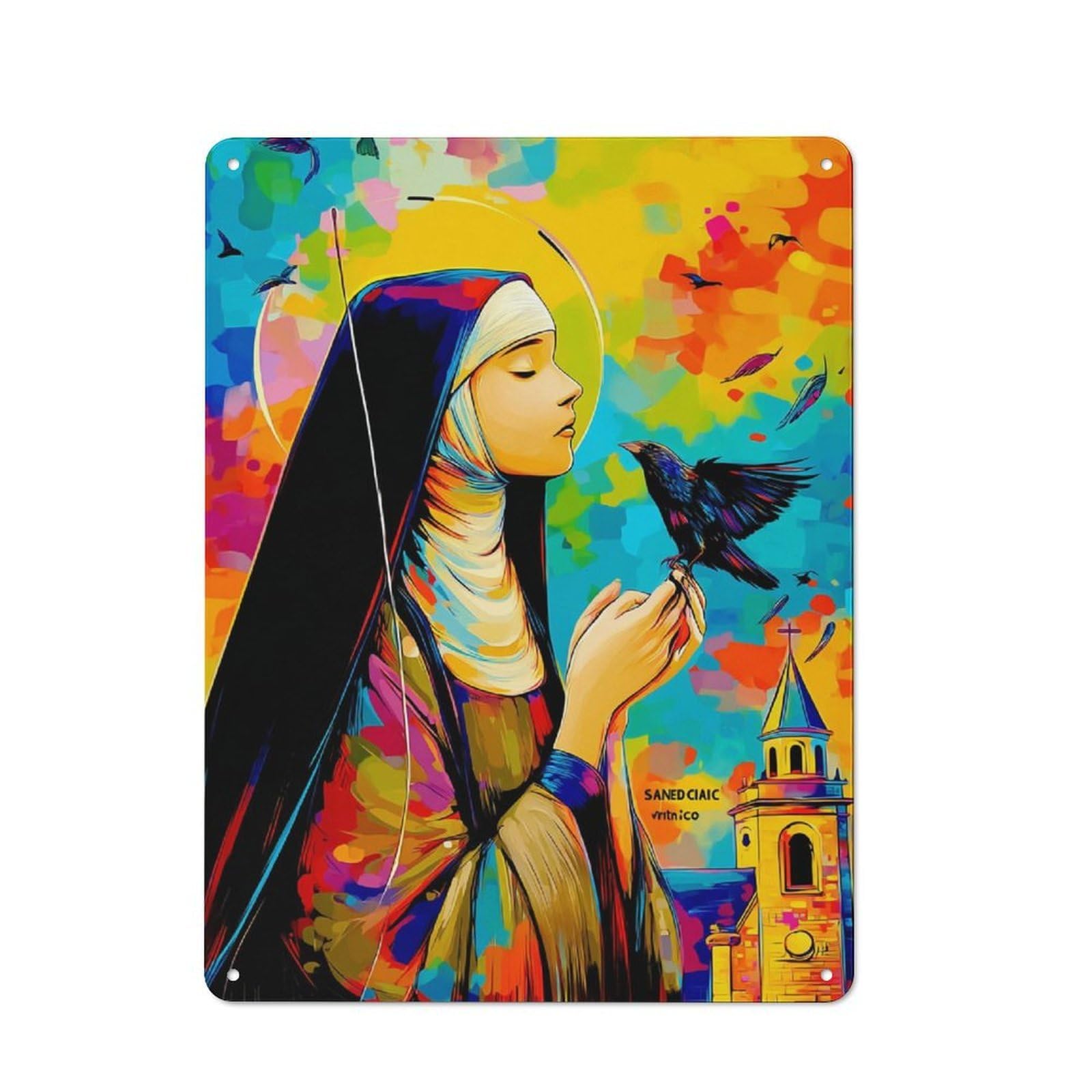Junmoney Saint With Birds In Colorful Background Vintage Metal Wall Sign 40X30cm For Café Or Restaurant, For Metal Sign Collectors, For Garage And Workshop Walls