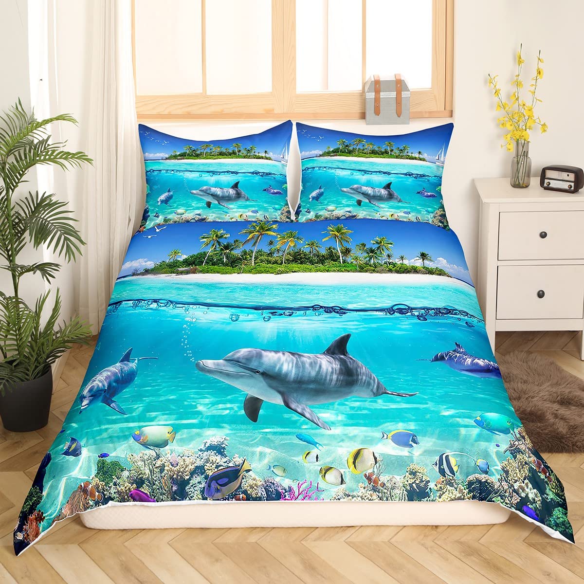 Homewish Underwater World Bedding Set Hawaii Beach Duvet Cover King,Island Mediterranean Comforter Cover Tropical Sealife Bed Sets Nautical Sea Animal Ocean Theme Bedroom Decor for Child Kids - Image 3