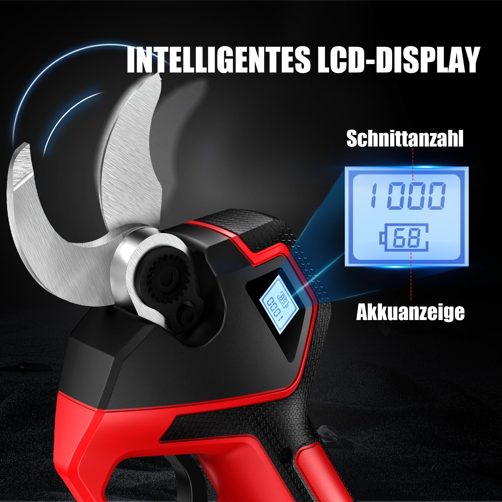 SOARFLY Tijeras de Podar Eléctricas 21 V, Apertura Ajustable hasta 70 mm, Motor sin Escobillas 700 W, 2 Baterías 2 Ah, Hoja SK7, Pantalla LCD, Maletín y Accesorios para Jardín Viñedo y Frutales