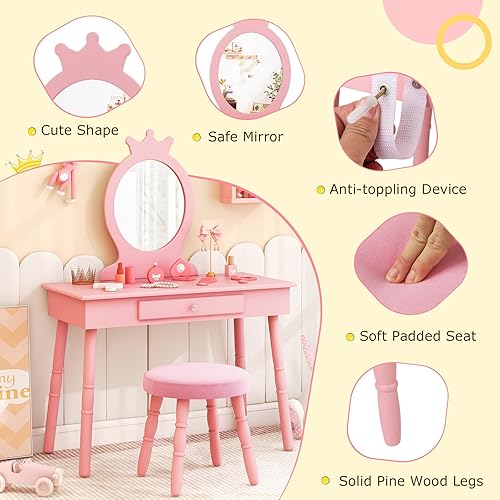 Miniatura 4 de HONEY JOY Pink Crown - Tocador de maquillaje para niños, incluye silla y espejo de cristal real, juego de tocador grande de madera de ingeniería