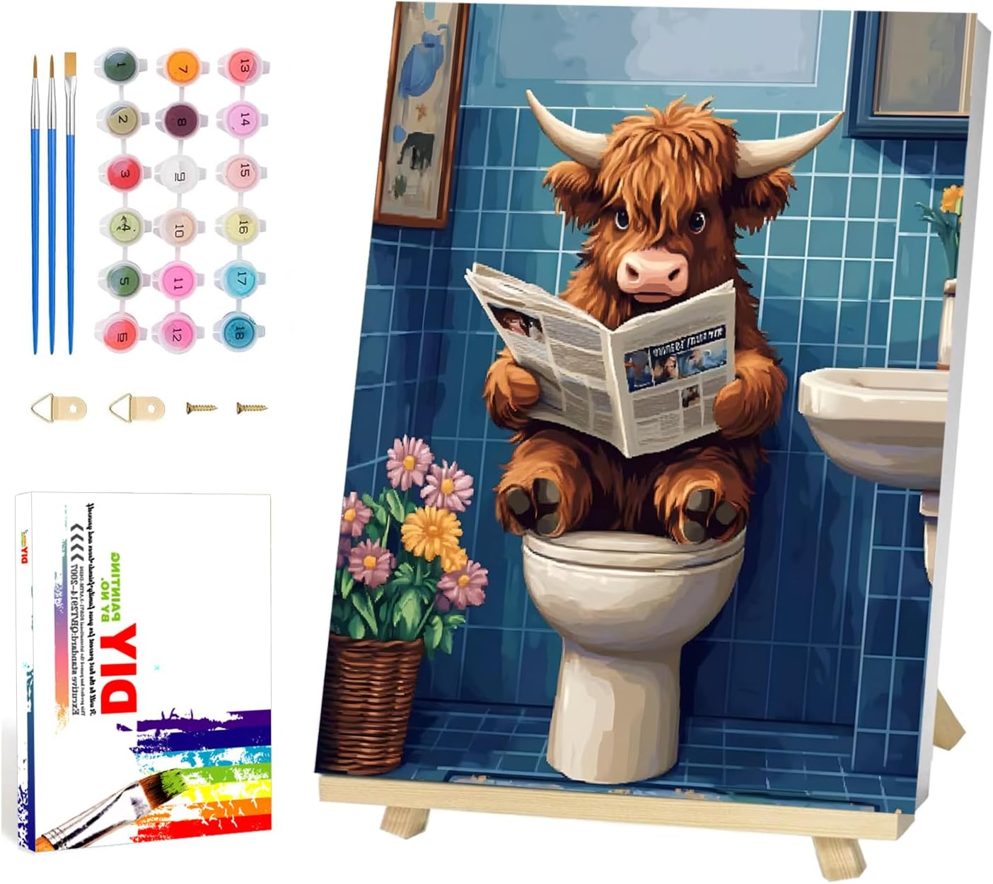 Reivworl Cow Framed Paint by Numbers Kit for Adults with Wooden Easel, Bathroom Paint by Numbers, Painting by Number for Home Decor 16X20 Inch with Gifts Box