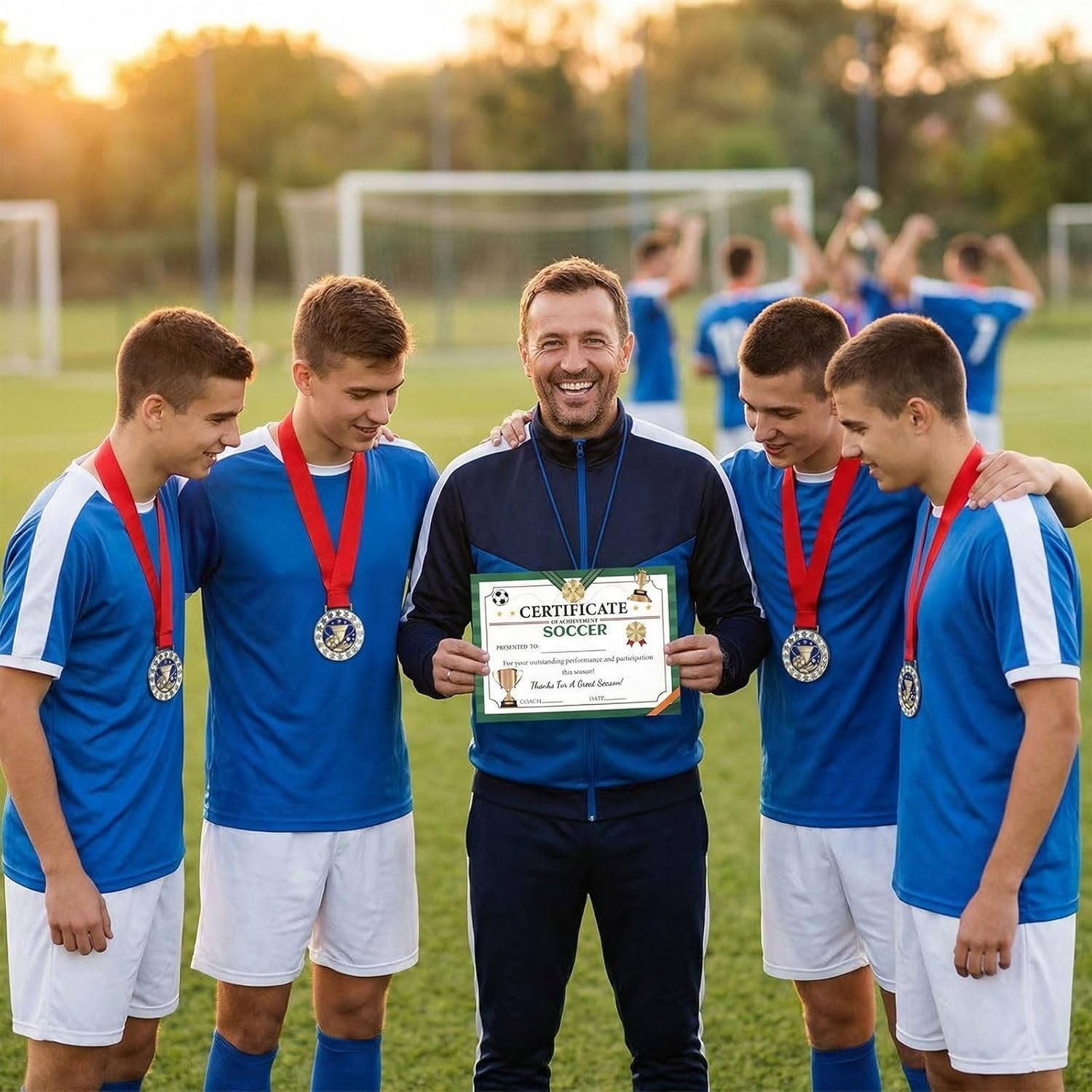 12 Pcs Soccer Award Medals with 12 Pcs Achievement Award Certificates Gold Soccer Medals Participation Medal for Sports Party Favors Team Gifts Competitions Celebration Game Prize Trophy