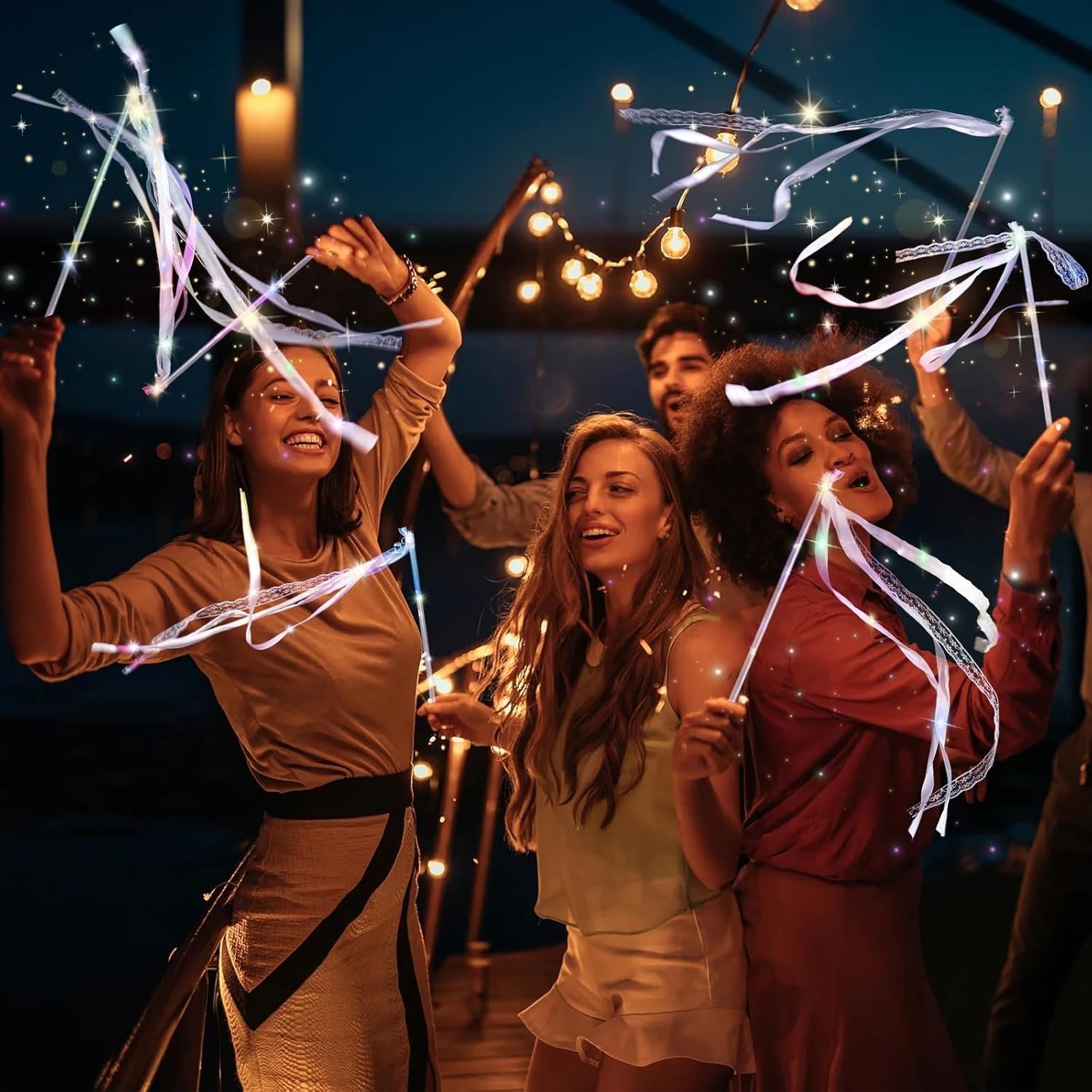 LED Hochzeitswedel – Leuchtende Hochzeitsdeko mit Warmweißem & buntem Licht | mit Bändern und Glöckchen – Wedding Wands Perfekt für Hochzeitsauszug, Partys & Feiern (50)
