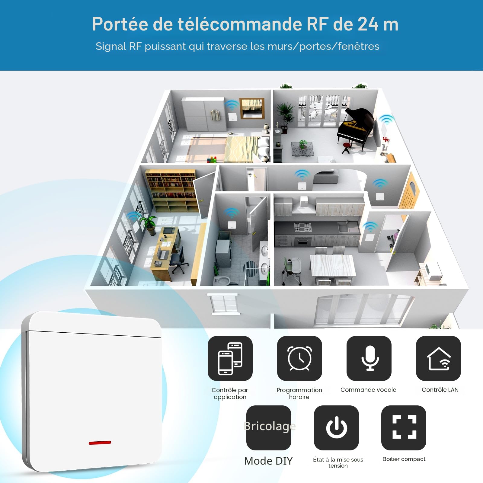 Interrupteur d'éclairage sans fil 10 A 1500 W avec récepteur de sécurité