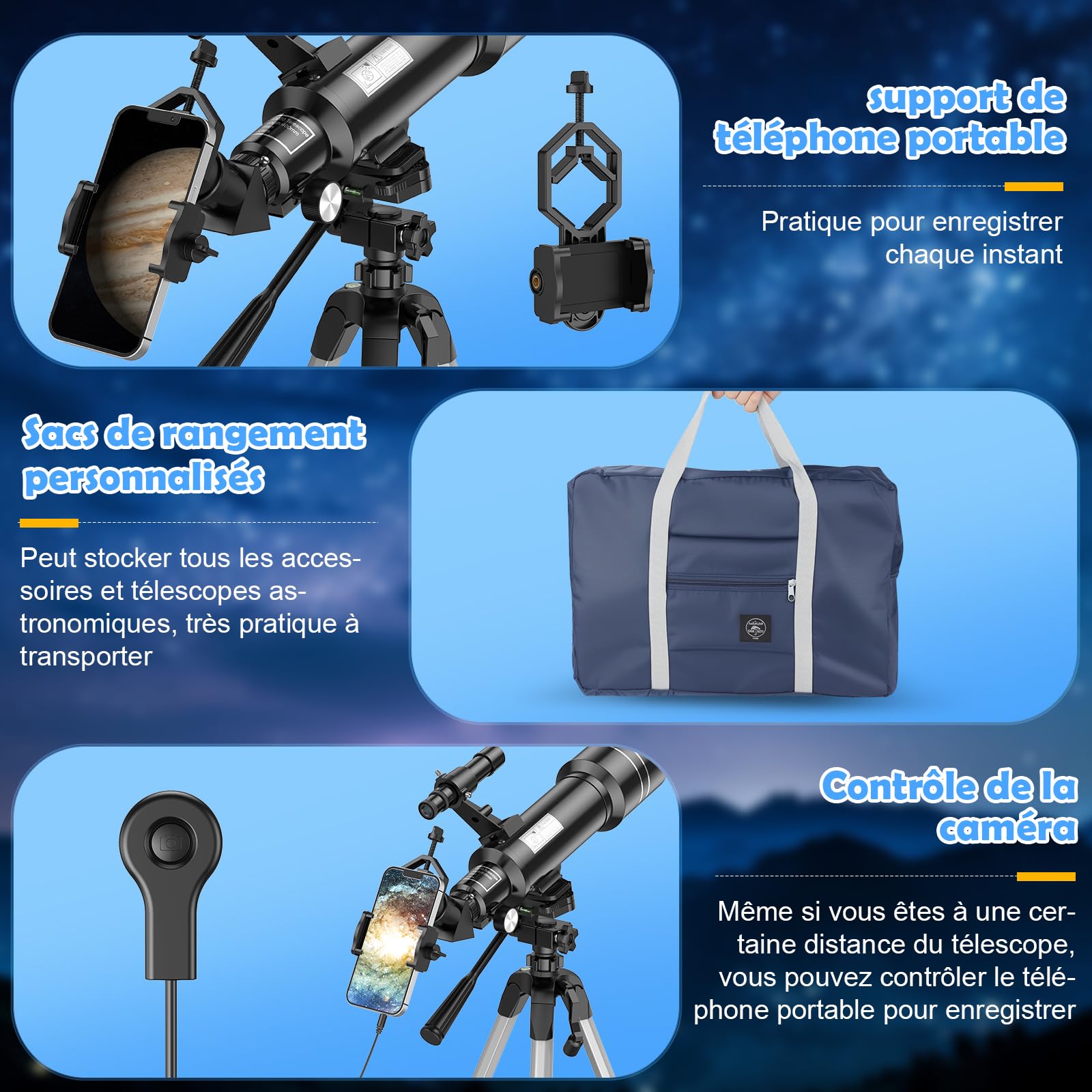 Telescopio Refractor Portátil de 70mm, óptica de Vidrio Totalmente Recubierta, Ideal para Niños y Principiantes, con de para Trípode, Filtro de Luna