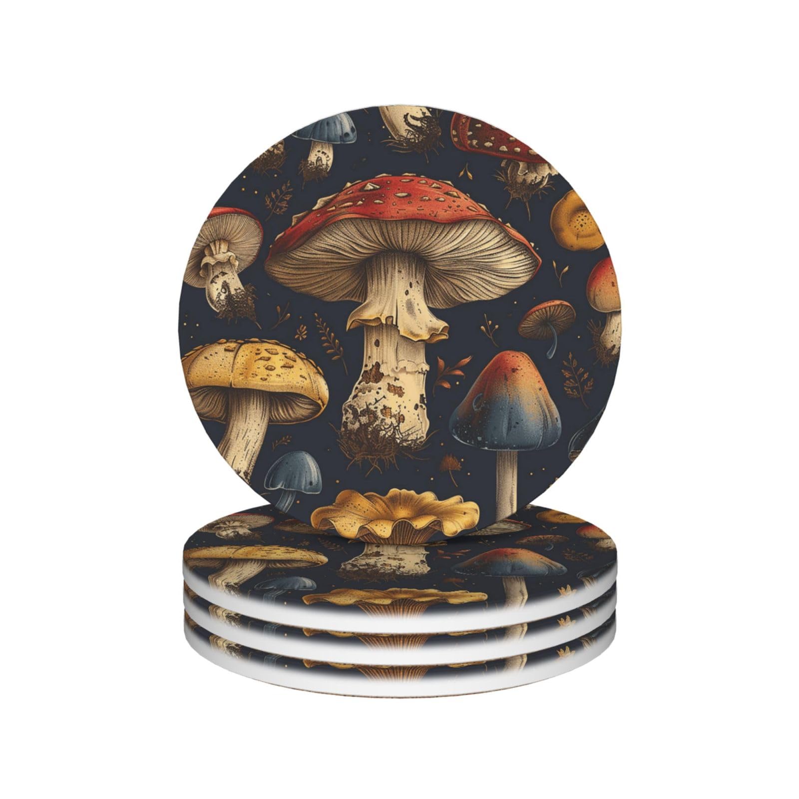 Drink Coasters Set of 4 Ceramic Coaster Mushroom Coasters for Drinks Cups Mugs Mat Pads Absorbent Non-Slip Decorative Cup Coaster for Coffee Table Kitchen Bar Home Decor