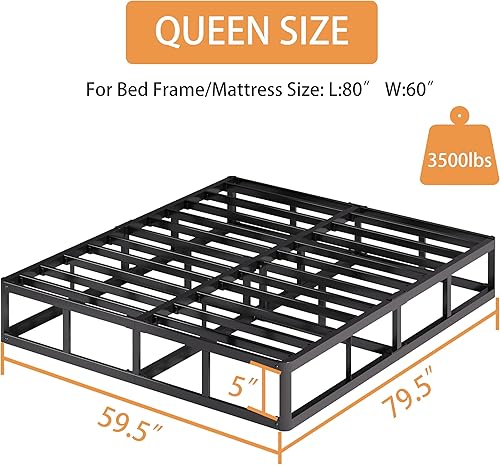 Miniatura 2 de Base de cama Queen de 5 pulgadas, capacidad de 3500 libras, base de cama de metal tamaño Queen, base de colchón de perfil bajo con funda de tela, 5
