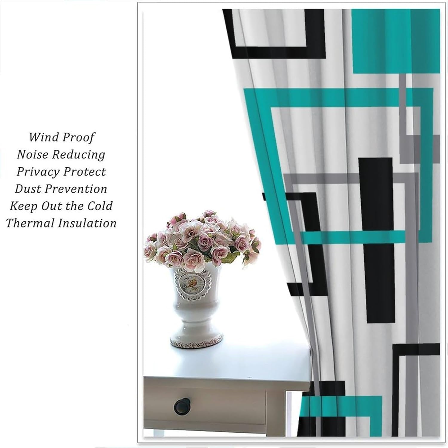 Teal Curtains Mid Century Modern Turquoise Abstract Aqua Black Grey Geometric White Backdrop Blackout Rod Pocket Curtains for Bedroom Living Room Kitchen Window Drapes 2 Panel Set 42x45 Inch