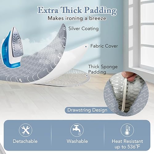 Miniatura 4 de COSTWAY Tabla de planchar de tamaño matrimonial, soporte de hierro plegable de 55 x 15 pulgadas con soporte de hierro, 7 alturas ajustables y