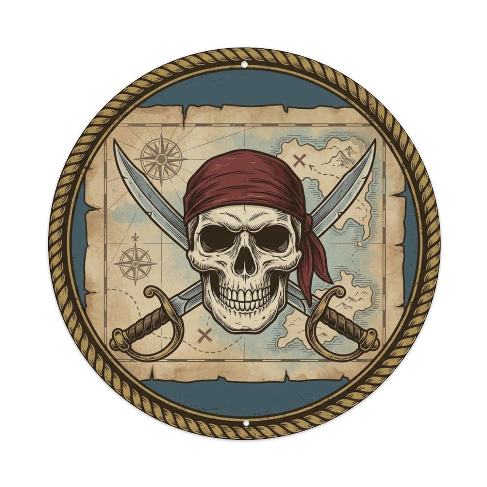 Pirate Emblem Skull Bandana Cutlasses Map Metal Tin Sign