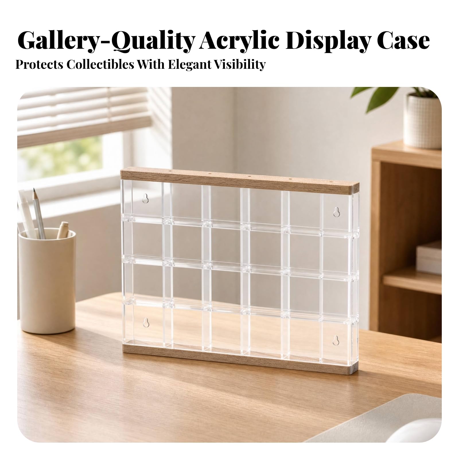 Wandmontage-Display mit Holzoptik wandmontiert Setzkasten wandmontierbar Sammlervitrine für Sammler, Wanddekoration, 66x66mm, 24 Schlitze