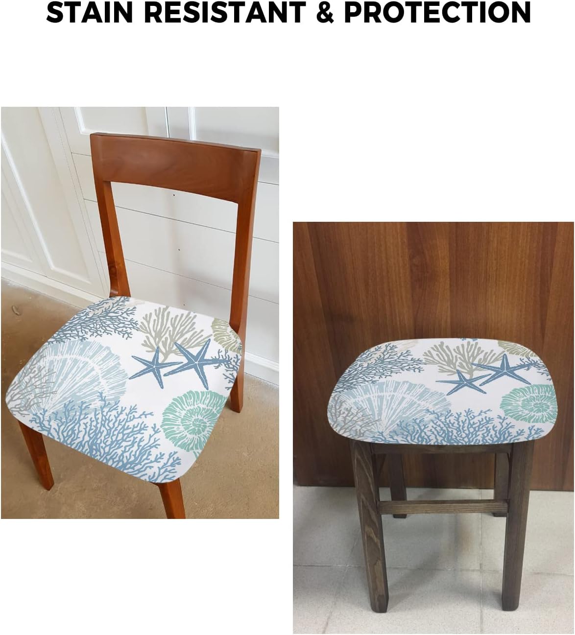 LiDU Coastal Seat Covers for Dining Room Chairs Set of 4, Summer Beach Blue Teal Coral Chair Slipcovers Protector, Sea Nautical Starfish Stretch Chair Covers Removable Cushion Cover for Kitchen Office
