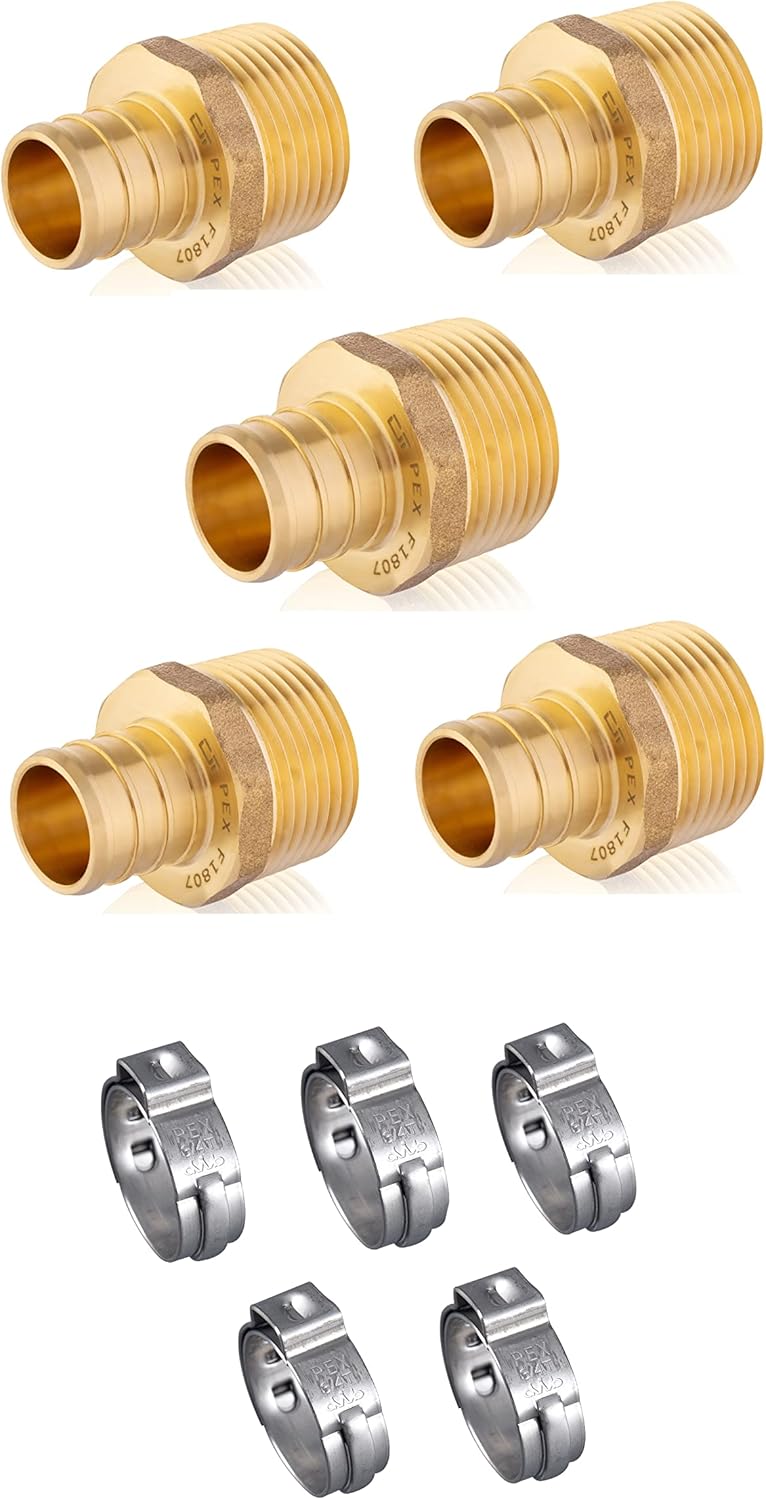 EFIELD Pex 3/4 Inch x 3/4 Inch NPT Male Adapter Brass Crimp Fitting (Pack of 5) + 5 Pieces Stainless Steel Cinch Clamps,(PEX1807293)