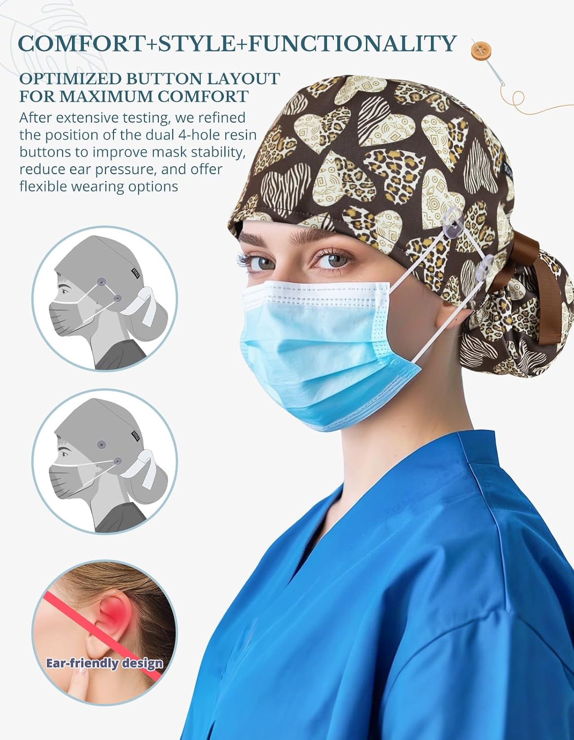 Scrub Caps Women Ponytail – Animal Print Heart Double-Sided Printed Surgical Hat with Buttons and Sweatband, Soft Nurse Cap for Long Hair, Helps Reduce Static Buildup
