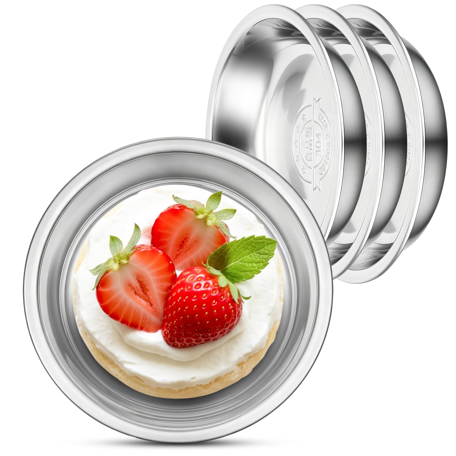 Stainless Steel Deep Plates, 4 Set 5.7 inch SUS304(18/8) Mini Metal Camping Plate, Reusable Small Snack Dessert Eating Food Serving Dishes Round Silver Tray for BBQ Dinner Oven Dishwasher Safe