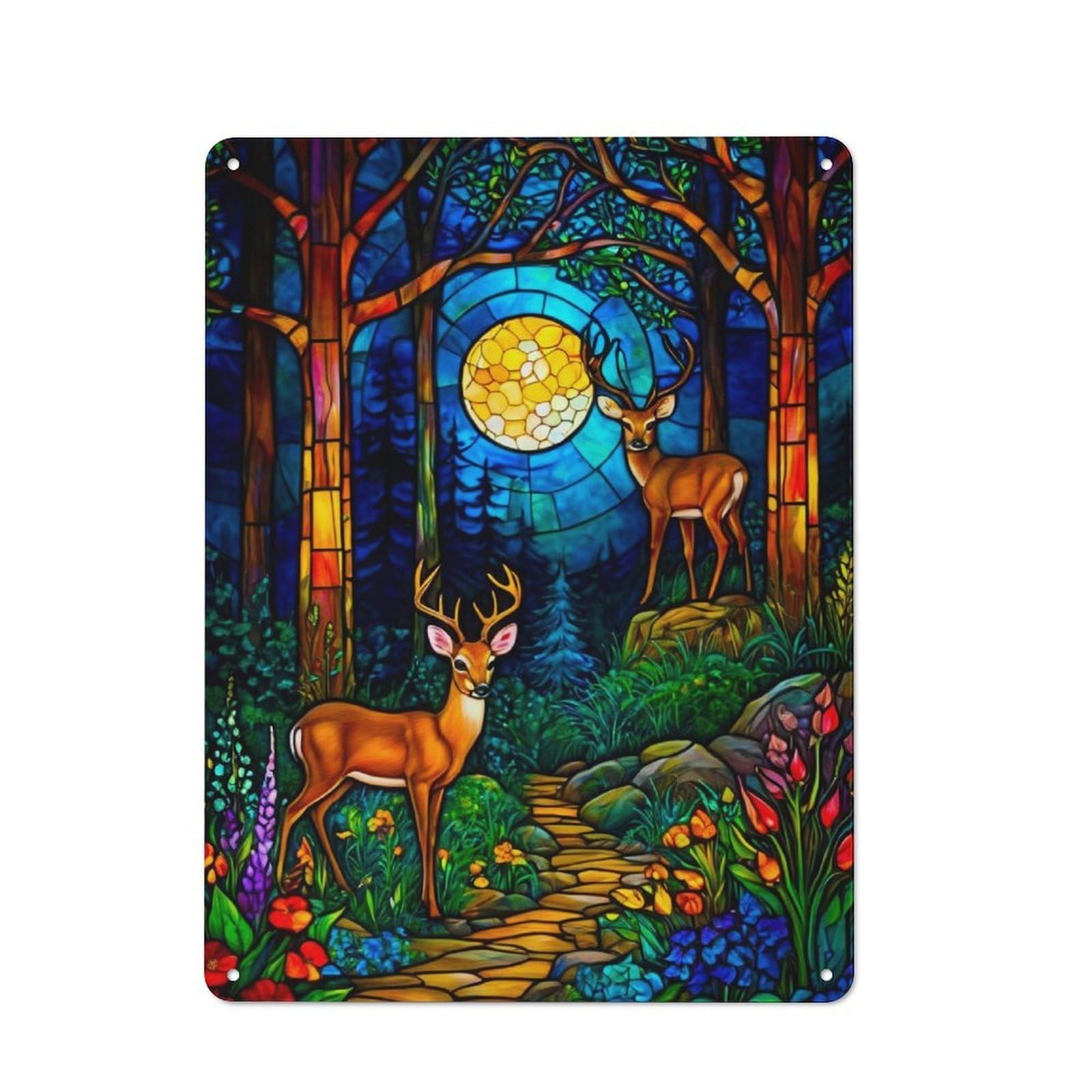 Junmoney Stained Glass Forest Retro Metal Wall Sign 40X30cm With For Garage Wall, A Decorative Metal Sign For Garages And Workshops
