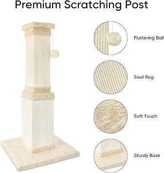 Cat Scratching Post for Indoor Cats, 32Inch Sisal Cat Scratcher, Beige | Wide Stable Base, Full-Body Stretching Cat Scratch Post, Heavy Duty Post for Cat Adults to Protect Furniture, Easy Assembly