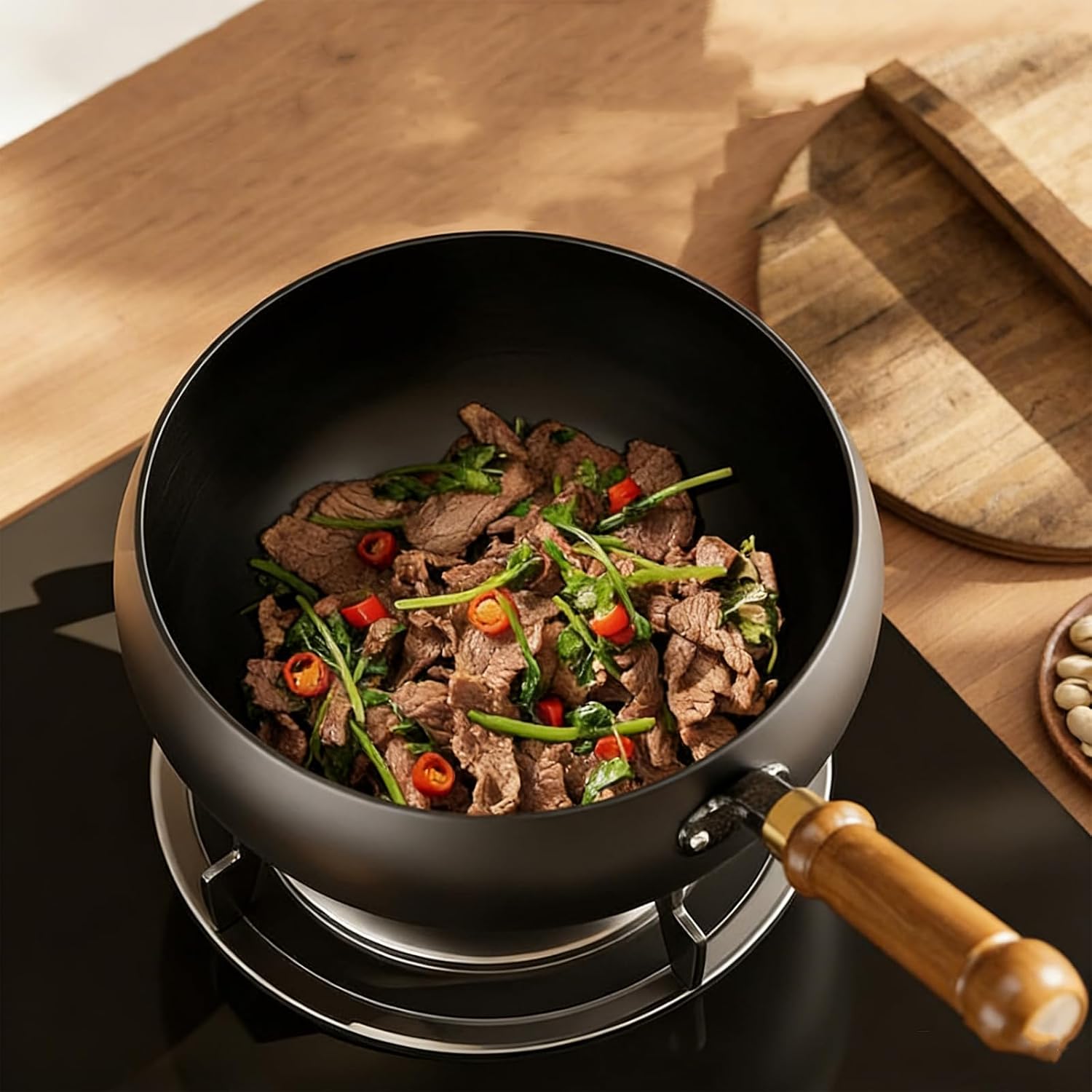 Traditional Forged Big-Belly Pot Hand-Hammered Japanese Wok Large Wok With Lid Multifunctional Non-Stick Cast Irons Wok With Lid Cooking Wok Includes Wooden Spatula (Wooden lid,Diameter11in)