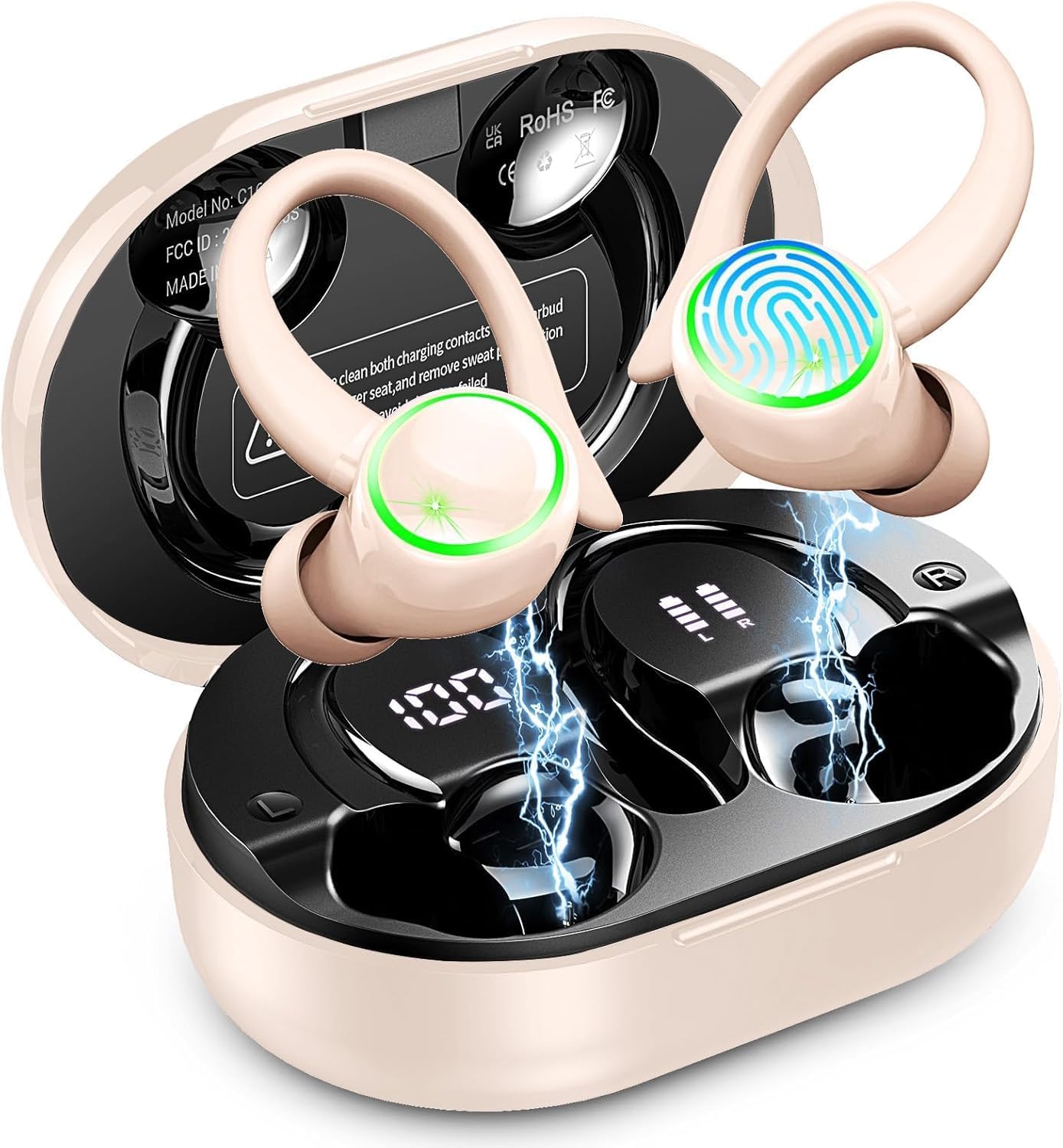 Wireless Earbuds, Bluetooth 5.4 Headphones Sports, 50H Playback Over-Ear Buds with ENC Noise Cancelling Mic, HiFi Stereo Fitness Earphones with Earhooks, IP7 Waterproof Headset