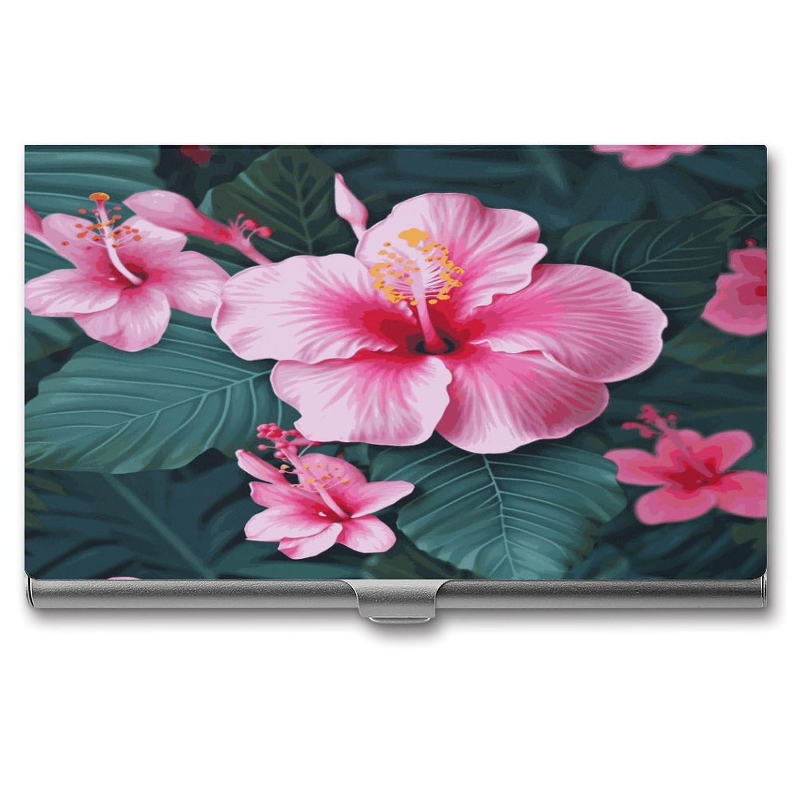 FekiLoot Hawaii Pink Flower Business Card Holder for Men Women Metal Slim Organizer Business Card Carrier Wallet Name Cards Holder Retro Slim Pocket Purse Small Portable Card Case