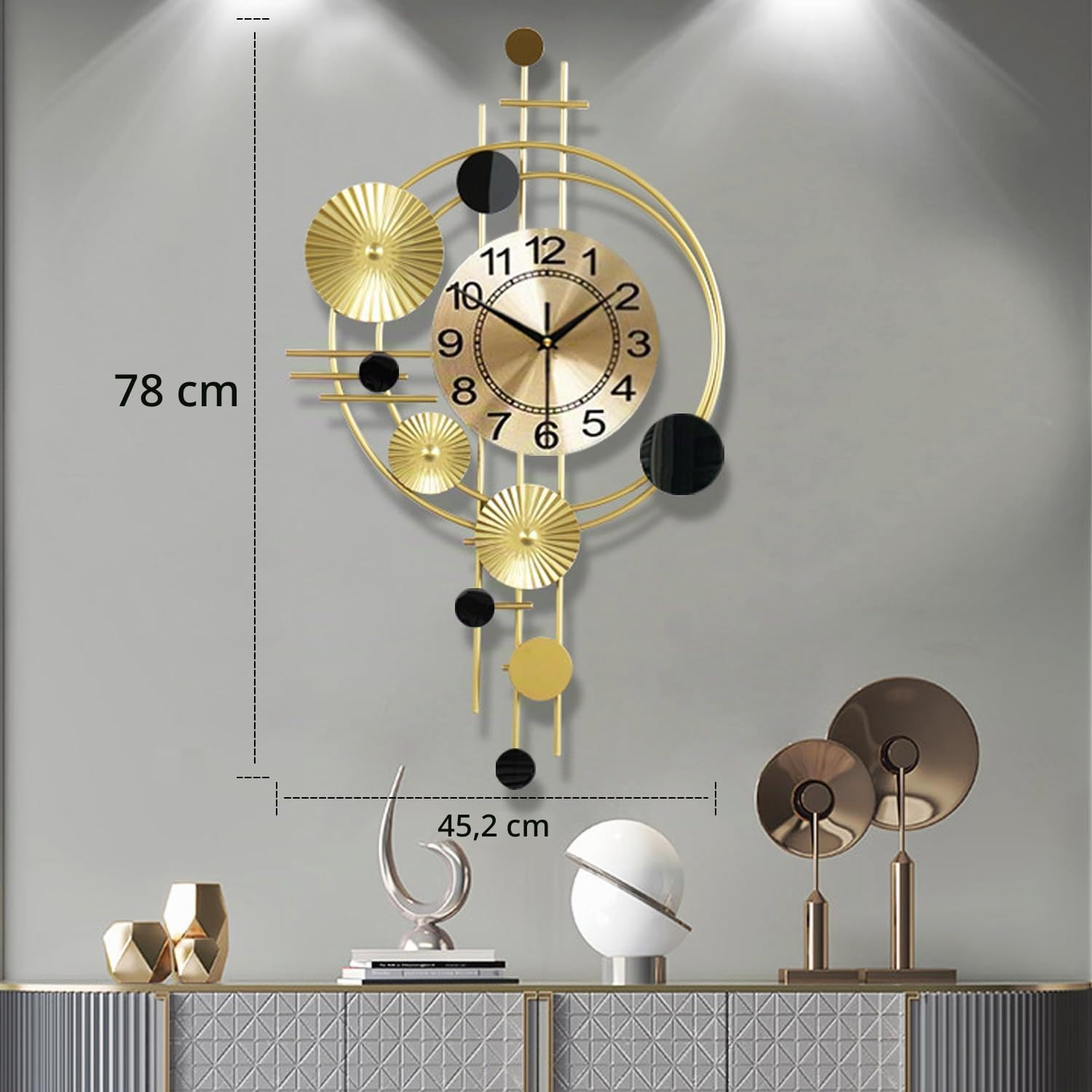 Große Wanduhr für Wohnzimmer, leises Quarzwerk, nicht tickend, batteriebetrieben, dekorative analoge große Wanduhr für Küche, Schlafzimmer, Zuhause, Büro, Wanddekoration, 45,2 x 78 cm (Gold)