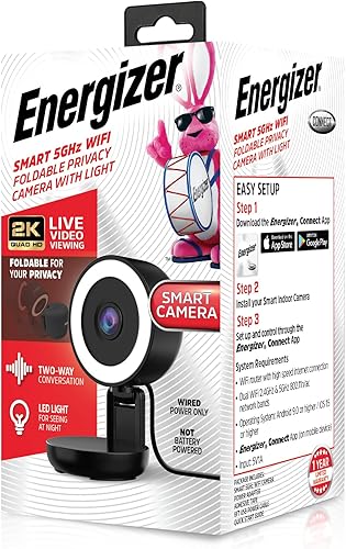 Miniatura 8 de Energizer Cámara interior inteligente con cable 2K con luz para visión nocturna, Wi-Fi de 5 GHz y 2.4 GHz, plegable para privacidad, acceso remoto,