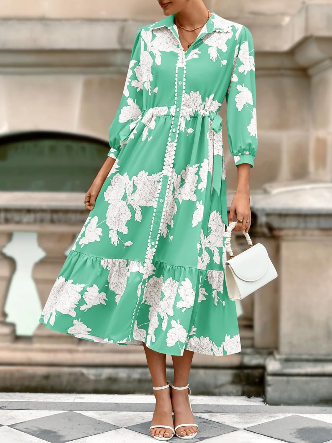 Wenrine Womens Maxi Shirt Dress Casual Floral Collared 3/4 Long Sleeve Drawstring Waist Fall Button Down Dresses - Image 2