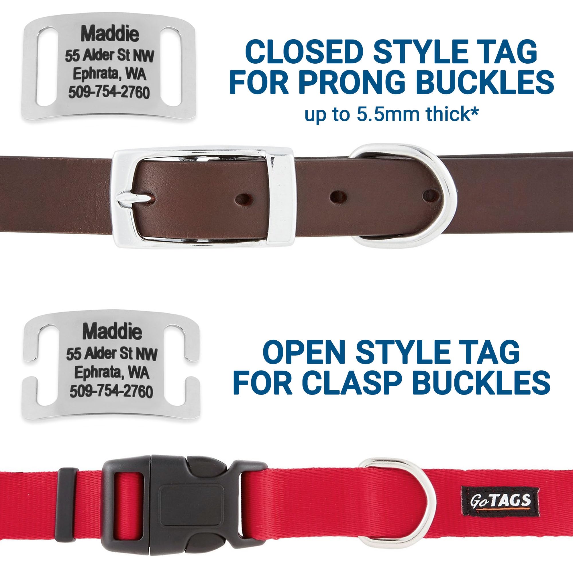 GoTags Haustier-ID-Tags, zum Aufstecken, personalisierbar für Hunde- und Katzenhalsband, geräuschlos, geräuschlos, aus Edelstahl, individuelle Gravur