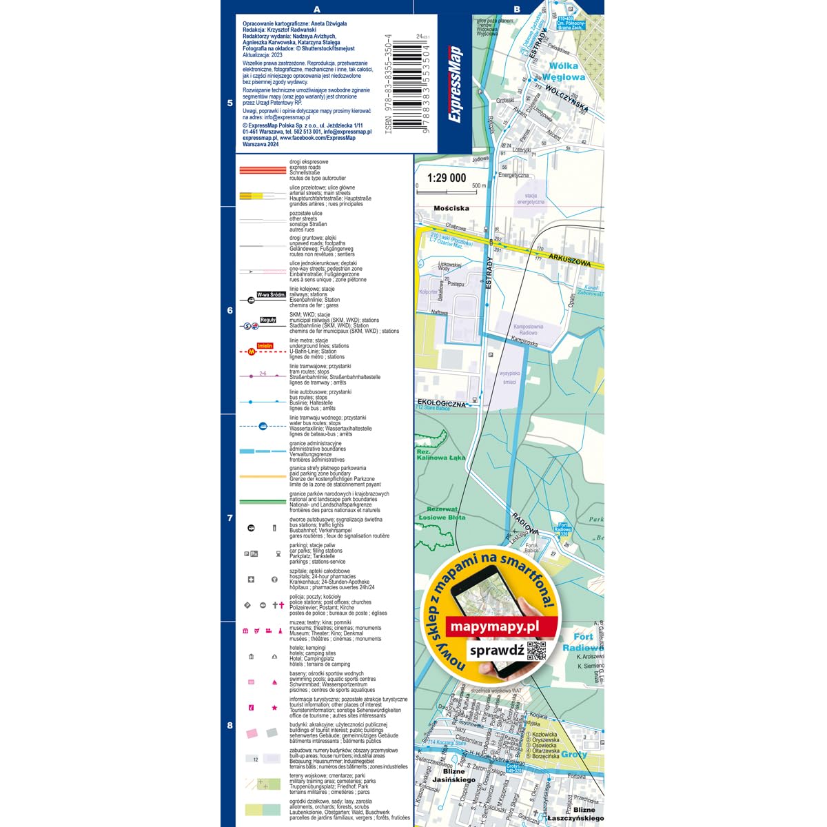 Varsovie 1/29.000 (carte grand format laminée - plan de ville). Warsaw. Warszawa