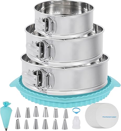 Aufind Juego de moldes de resorte para hornear (7, 9, 10 pulgadas), molde de pastel de resorte de acero inoxidable 304 con base extraíble, molde
